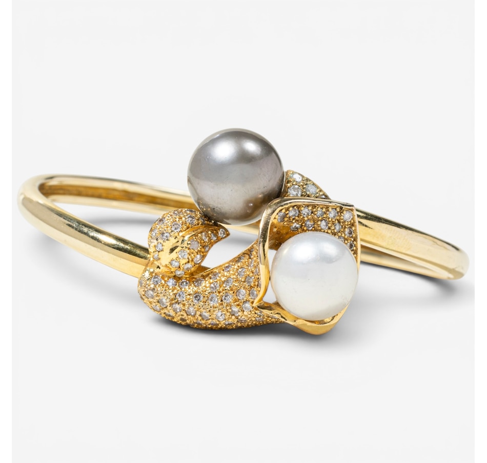 Image 756019.jpg, Product 756-019 / Price $7,188.00, Estate Originals 14K Yellow Gold Black and White South Sea Pearl and Diamond Calla Lily Motif Bangle Bracelet from Estate Originals on TSC.ca's Jewellery department