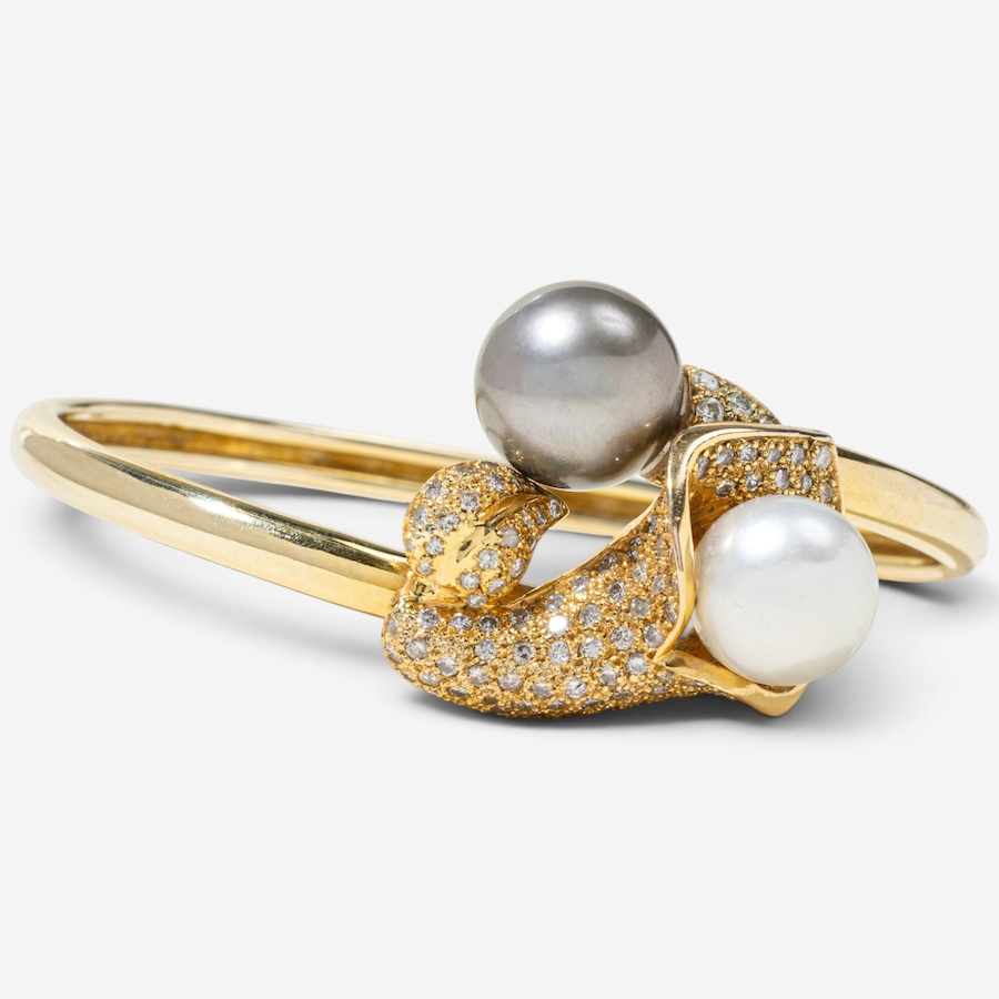 Image 756019_ALTMORE1.jpg, Product 756-019 / Price $7,595.00, Estate Originals 14K Yellow Gold Black and White South Sea Pearl and Diamond Calla Lily Motif Bangle Bracelet from Estate Originals on TSC.ca's Jewellery department