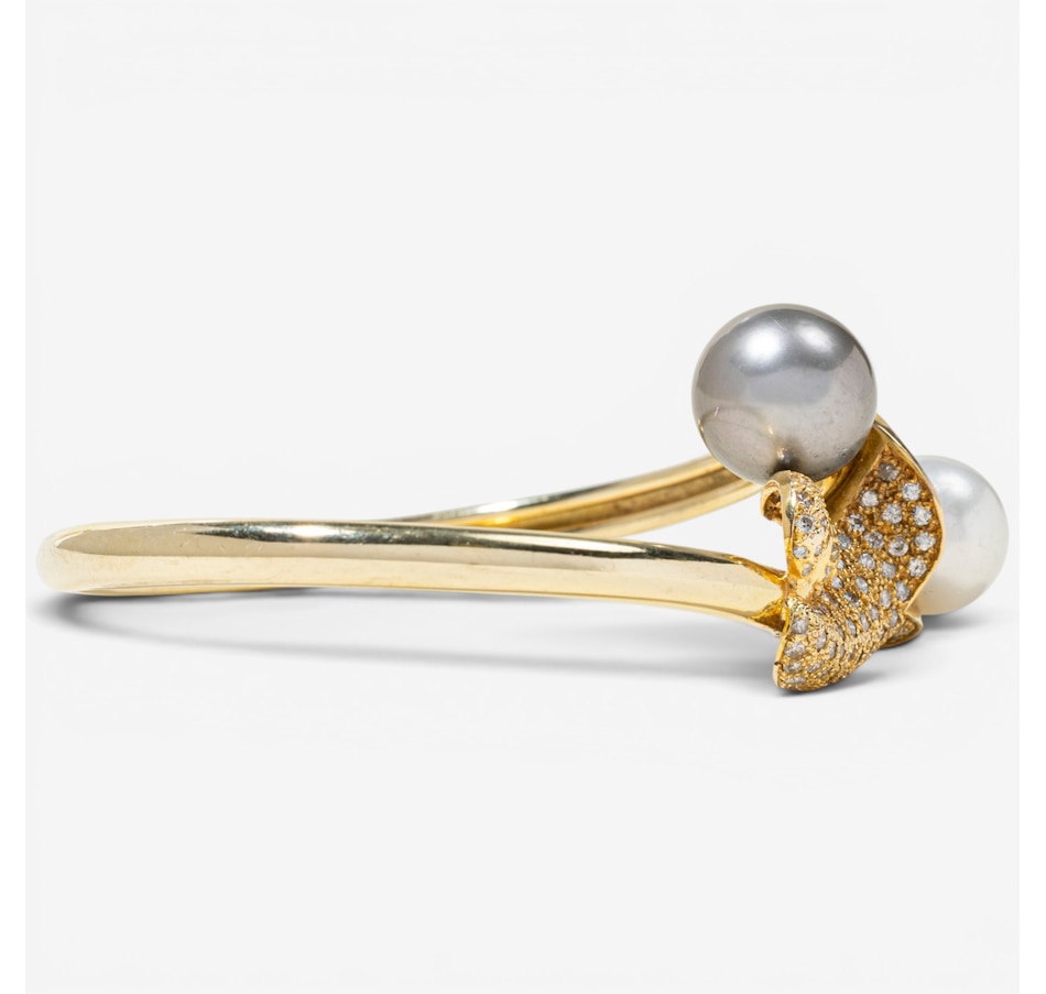 Image 756019_ALTMORE2.jpg, Product 756-019 / Price $7,188.00, Estate Originals 14K Yellow Gold Black and White South Sea Pearl and Diamond Calla Lily Motif Bangle Bracelet from Estate Originals on TSC.ca's Jewellery department
