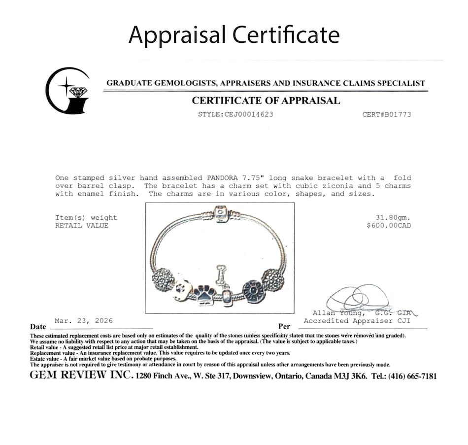 Image 756021_ALTMORE5.jpg, Product 756-021 / Price $488.00, Estate Originals Sterling Silver 7.75" Pandora Moments Bracelet with Dog-Themed Charms from Estate Originals on TSC.ca's Jewellery department
