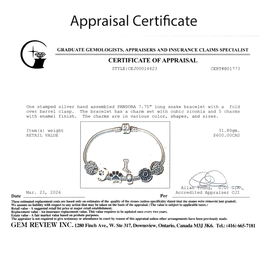 Image 756021_ALTMORE5.jpg, Product 756-021 / Price $525.00, Estate Originals Sterling Silver 7.75" Pandora Moments Bracelet with Dog-Themed Charms from Estate Originals on TSC.ca's Jewellery department