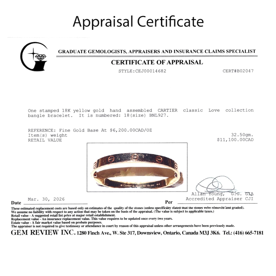 Image 756029_ALTMORE7.jpg, Product 756-029 / Price $9,488.00, Estate Originals 18K Yellow Gold Cartier Classic Love Bangle from Estate Originals on TSC.ca's Jewellery department