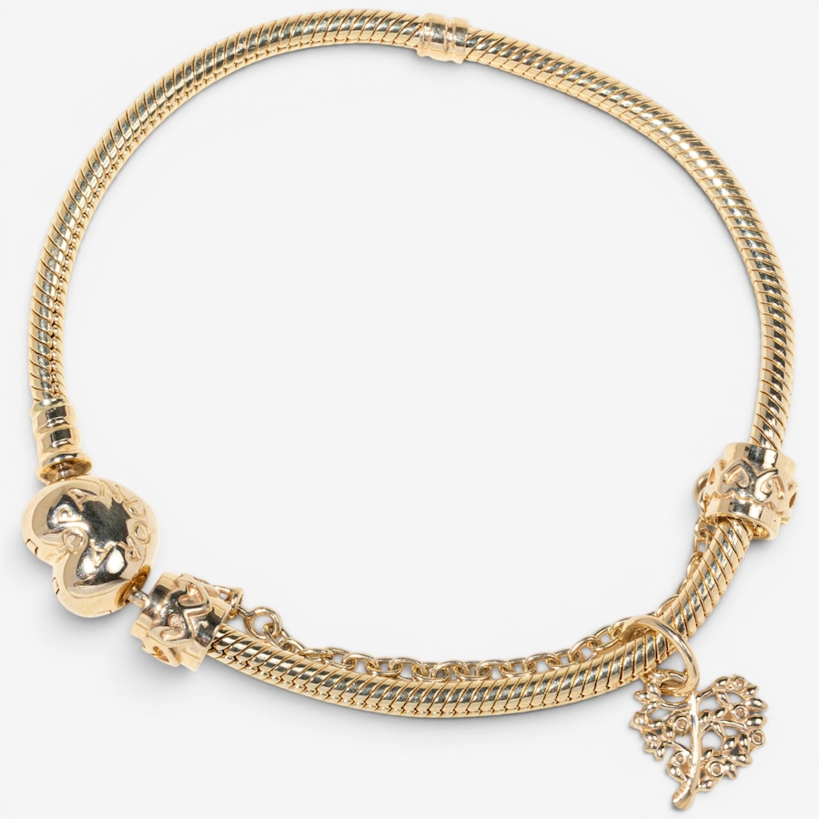 Image 756045_ALTMORE1.jpg, Product 756-045 / Price $8,995.00, Estate Originals 14K Yellow Gold 7.5" Pandora Bracelet with Fold-Over Heart Clasp and Family Tree Charm from Estate Originals on TSC.ca's Jewellery department