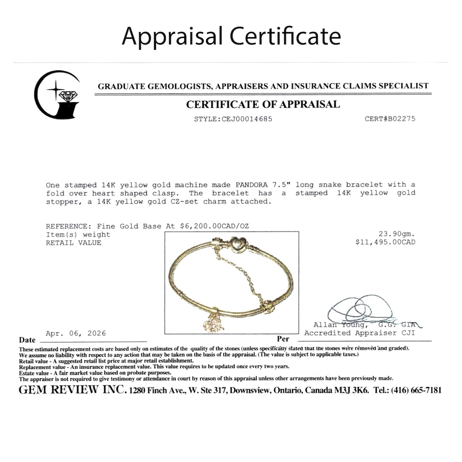 Image 756045_ALTMORE6.jpg, Product 756-045 / Price $8,995.00, Estate Originals 14K Yellow Gold 7.5" Pandora Bracelet with Fold-Over Heart Clasp and Family Tree Charm from Estate Originals on TSC.ca's Jewellery department