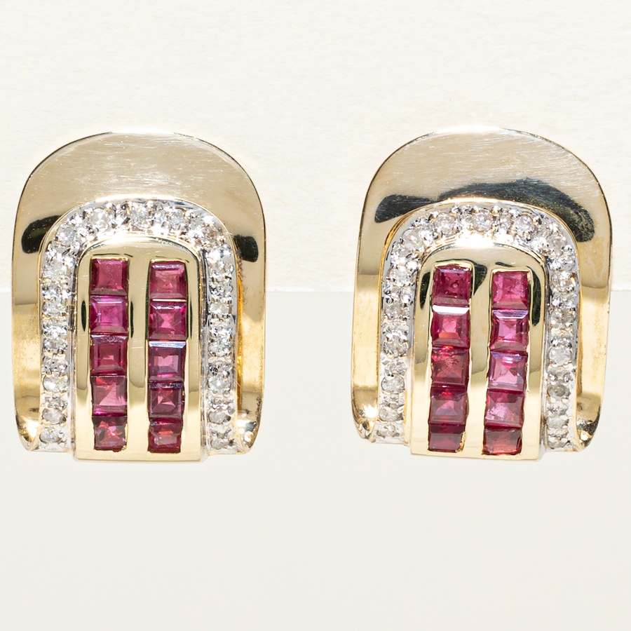 Image 756063.jpg, Product 756-063 / Price $3,688.00, Estate Originals 14K Yellow Gold Square-Cut Ruby and Diamond French Back Earrings from Estate Originals on TSC.ca's Jewellery department