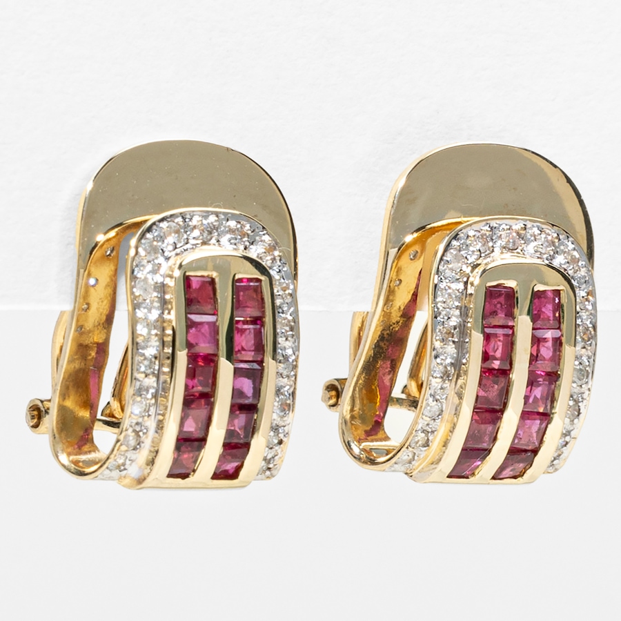 Image 756063_ALTMORE1.jpg, Product 756-063 / Price $3,688.00, Estate Originals 14K Yellow Gold Square-Cut Ruby and Diamond French Back Earrings from Estate Originals on TSC.ca's Jewellery department