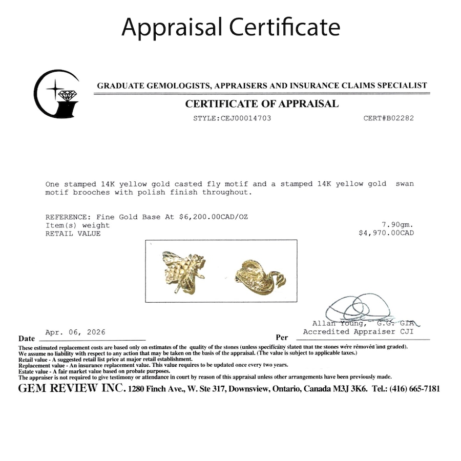 Image 756066_ALTMORE5.jpg, Product 756-066 / Price $2,495.00, Estate Originals 14K Yellow Gold Fly Motif and Swan Motif Scatter Pins from Estate Originals on TSC.ca's Jewellery department
