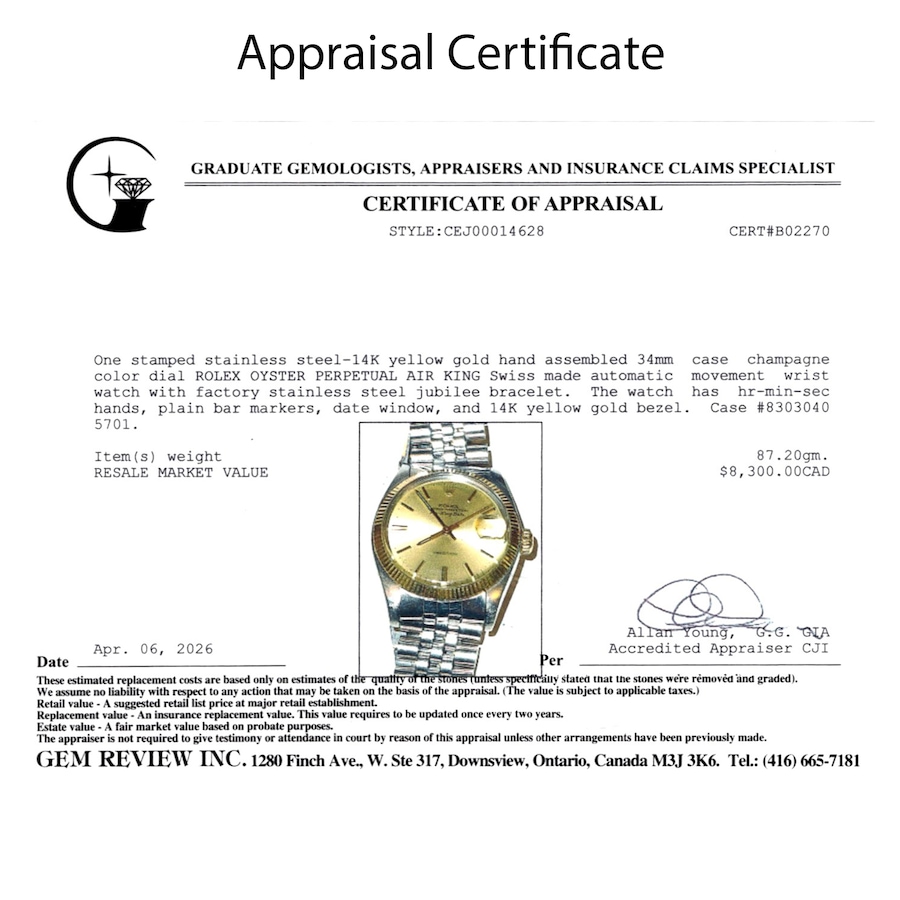 Image 756067_ALTMORE6.jpg, Product 756-067 / Price $5,988.00, Estate Originals Stainless Steel and 14K Yellow Gold Rolex Oyster Perpetual Air King Swiss-Made Watch from Estate Originals on TSC.ca's Jewellery department