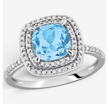 Jewel of a Deal 10K White Gold Sky Blue Topaz and Created White Sapphire Double Halo Ring