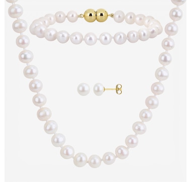 Jewel of a Deal Sterling Silver Yellow Gold Plate Freshwater Pearl Necklace, Bracelet and Earring Set