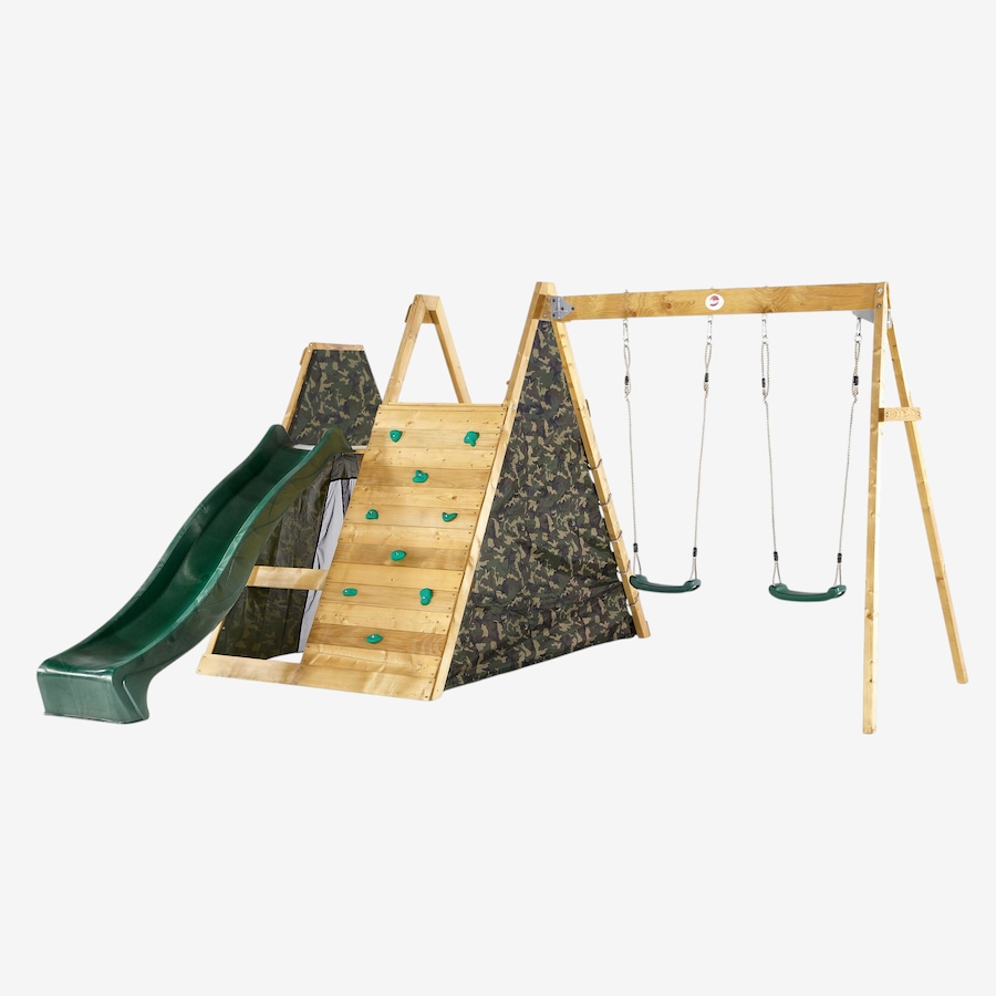 Image 761680.jpg, Product 761-680 / Price $999.99, Plum Wooden Climbing Pyramid with Swing Arm, Swing Set, Ladders, Rock Wall  and 8' Wave Slide from Plum on TSC.ca's Home & Garden department