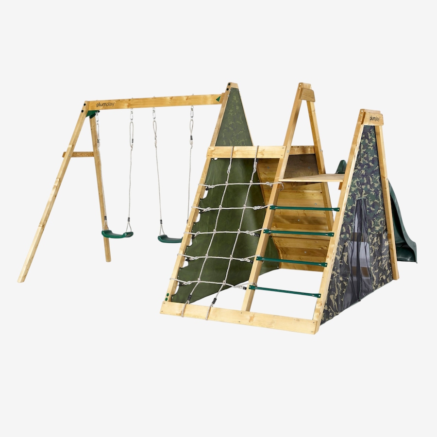 Image 761680_ALTMORE1.jpg, Product 761-680 / Price $999.99, Plum Wooden Climbing Pyramid with Swing Arm, Swing Set, Ladders, Rock Wall  and 8' Wave Slide from Plum on TSC.ca's Home & Garden department