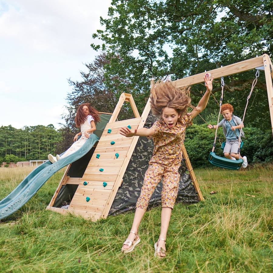 Image 761680_ALTMORE3.jpg, Product 761-680 / Price $999.99, Plum Wooden Climbing Pyramid with Swing Arm, Swing Set, Ladders, Rock Wall  and 8' Wave Slide from Plum on TSC.ca's Home & Garden department