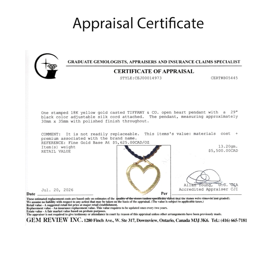 Image 766151_ALTMORE6.jpg, Product 766-151 / Price $4,488.00, Estate Originals 18K Yellow Gold Tiffany & Co. Open Heart Pendant with Black Cord from Estate Originals on TSC.ca's Jewellery department