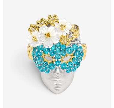 Gems en Vogue Palladium Silver Paraiba Topaz and Mother of Pearl Venice Carnival Ring
