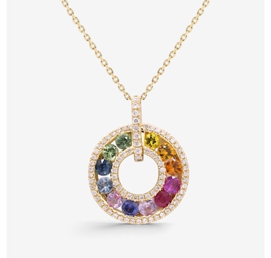 14K Yellow Gold Rainbow Sapphire Round Pendant