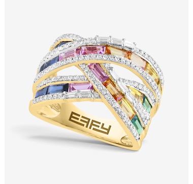 EFFY 14K Yellow Gold, Multi Coloured Sapphire, Tsavorite and Diamond Cross Over Ring