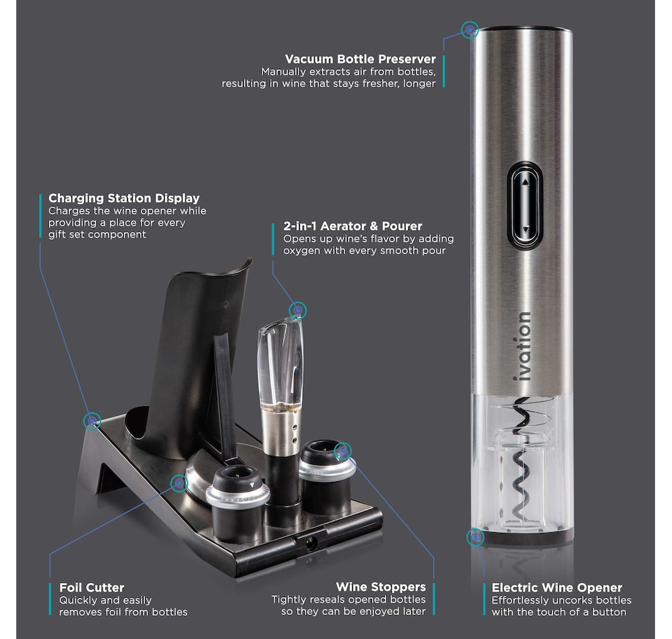 Image 800794_ALTMORE6.jpg, Product 800-794 / Price $69.99, Ivation 6-in-1 Wine Gift Set W/Bottle Opener, Wine Preserver, Stoppers, Foil Cutter & Charging Base from Ivation on TSC.ca's Kitchen department