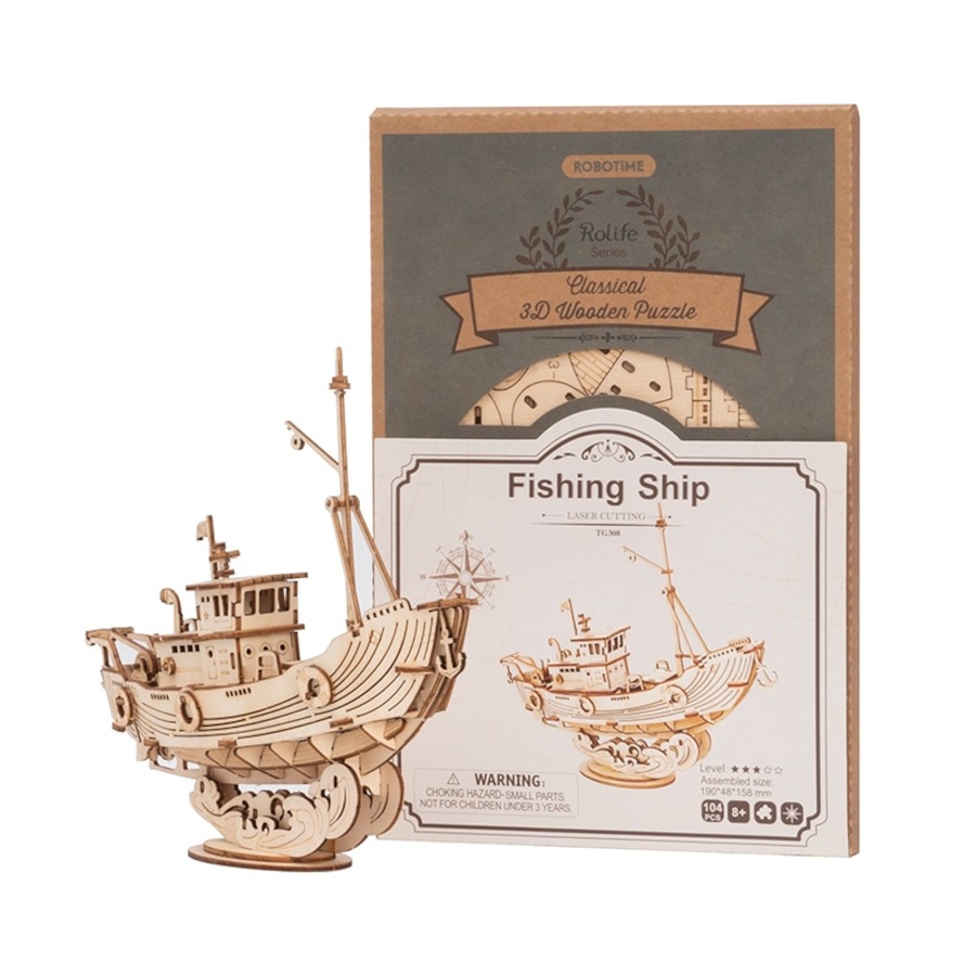 Image 800962_ALTMORE3.jpg, Product 800-962 / Price $14.97, Rolife Fishing Ship TG308 - 3D Wooden Puzzle Kit (104 Pieces) | STEM Educational Craft for Ages 8+ | Precision-Cut Plywood | ~1-Hour Assembly Time | Assembled Size: 190x48x158mm | Fun and Detailed Fishing Boat Model from Tradeopia on TSC.ca's Toys & Hobbies department