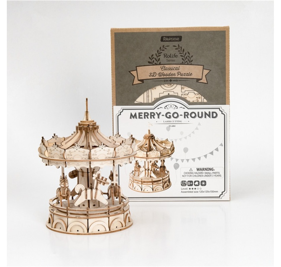 Image 800963_ALTMORE3.jpg, Product 800-963 / Price $13.95, Rolife Merry-Go-Round TG404 - 3D Wooden Puzzle Kit (174 Pieces) | STEM Educational Craft for Ages 8+ | ~1.5-Hour Assembly | Assembled Size: 120x120x150mm | Interactive Carousel Model | Ideal for Young Builders from Tradeopia on TSC.ca's Toys & Hobbies department