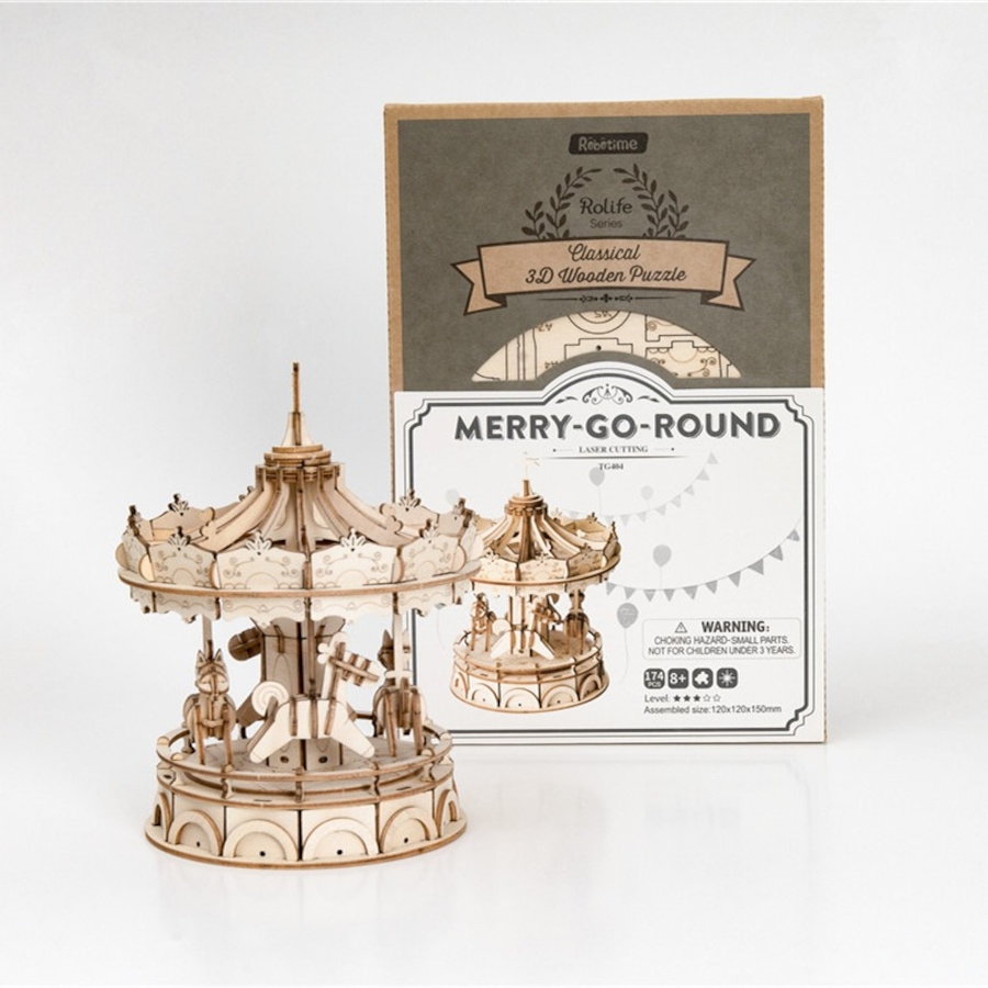 Image 800963_ALTMORE3.jpg, Product 800-963 / Price $11.95, Rolife Merry-Go-Round TG404 - 3D Wooden Puzzle Kit (174 Pieces) | STEM Educational Craft for Ages 8+ | ~1.5-Hour Assembly | Assembled Size: 120x120x150mm | Interactive Carousel Model | Ideal for Young Builders from Tradeopia on TSC.ca's Toys & Hobbies department