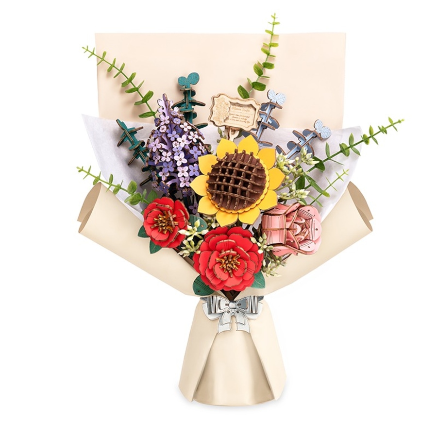 Image 800969.jpg, Product 800-969 / Price $39.97, ROWOOD Wooden Flower Bouquet TW01H - Arts & Craft Kit (581 Pieces) | STEM Educational Craft for Ages 8+ | Includes Pink Rose, Sunflower, Red Camellia, Eucalyptus, and Lilac | Intermediate Difficulty | ~3-Hour Assembly | Assembled Size: 260x150x400mm | Crea from Tradeopia on TSC.ca's Toys & Hobbies department