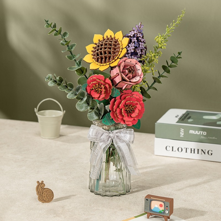 Image 800969_ALTMORE2.jpg, Product 800-969 / Price $39.97, ROWOOD Wooden Flower Bouquet TW01H - Arts & Craft Kit (581 Pieces) | STEM Educational Craft for Ages 8+ | Includes Pink Rose, Sunflower, Red Camellia, Eucalyptus, and Lilac | Intermediate Difficulty | ~3-Hour Assembly | Assembled Size: 260x150x400mm | Crea from Tradeopia on TSC.ca's Toys & Hobbies department