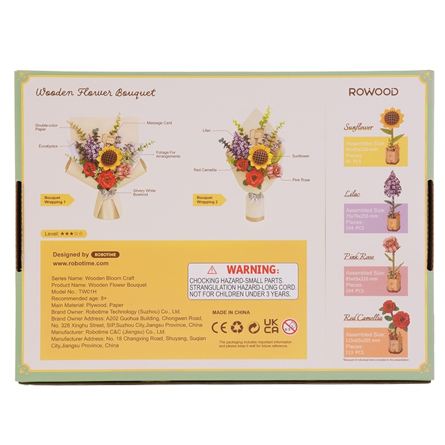 Image 800969_ALTMORE5.jpg, Product 800-969 / Price $39.97, ROWOOD Wooden Flower Bouquet TW01H - Arts & Craft Kit (581 Pieces) | STEM Educational Craft for Ages 8+ | Includes Pink Rose, Sunflower, Red Camellia, Eucalyptus, and Lilac | Intermediate Difficulty | ~3-Hour Assembly | Assembled Size: 260x150x400mm | Crea from Tradeopia on TSC.ca's Toys & Hobbies department