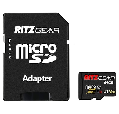 Ritz Gear 64GB Micro SD Card, microSDXC HD & 4K UHD, UHS-I, U3, A1, V30, C10 Memory Card and Adapter