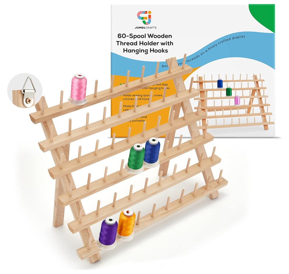 Image 829877_ST01.jpg, Product 829-877 / Price $31.99, JumblCrafts Wooden Thread Holder. 60-Spool Thread Rack with Hanging Hooks & Flip-Out Legs from JumblCrafts on TSC.ca's Toys & Hobbies department