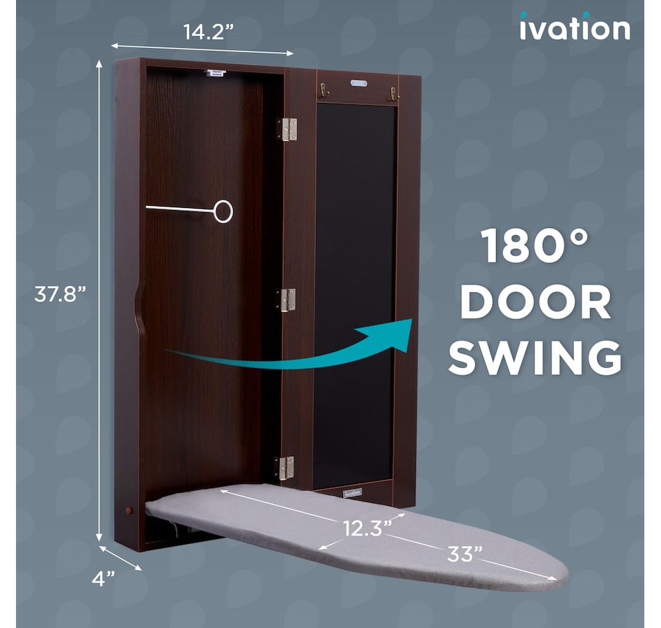 Image 829912_ALTMORE6.jpg, Product 829-912 / Price $219.99, Ivation Ironing Board, Wall Mounted Ironing Board Cabinet with Mirror Door & Release Lever, Brown from Ivation on TSC.ca's Home & Garden department