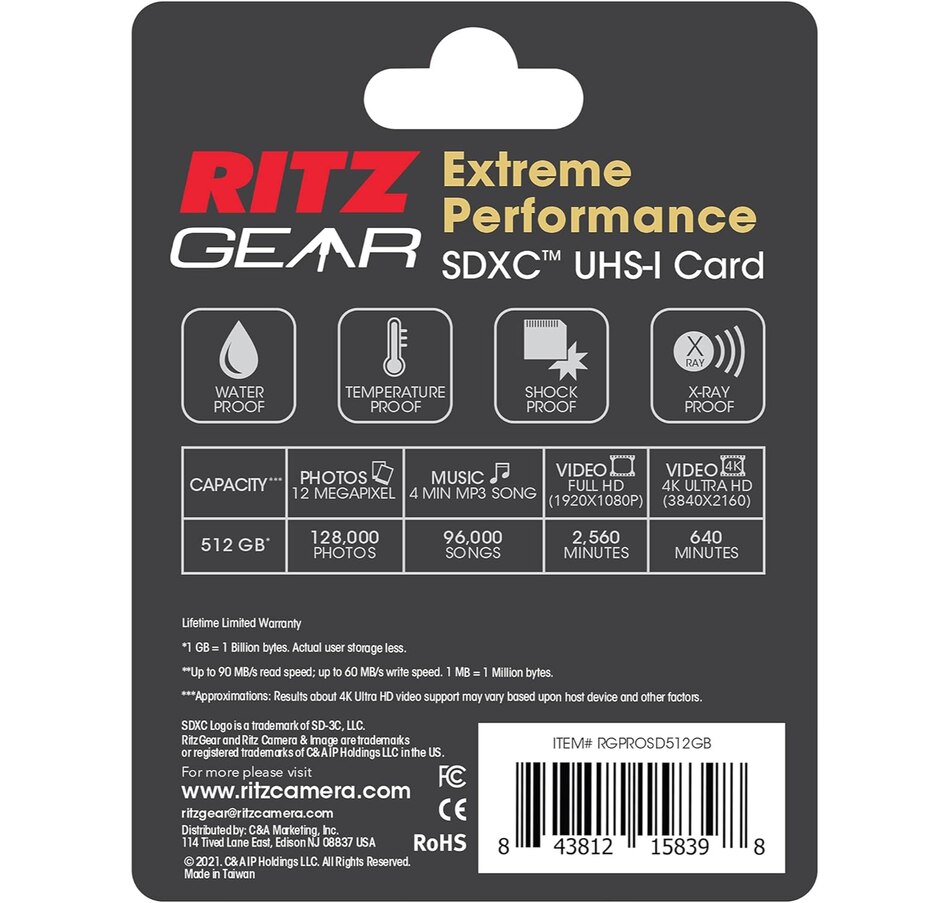 Image 829952_ALTMORE23.jpg, Product 829-952 / Price $29.99 - $34.99, Ritz Gear 128GB High-Speed SDXC UHS-I SD Card, C10, U3, V30, Full-HD & 4K Memory Card from Ritz Gear on TSC.ca's Electronics department