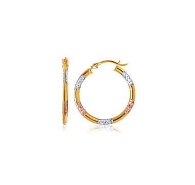 10k Tri-Color Gold Classic Hoop Earrings with Diamond Cut Details