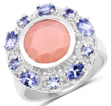 4.50 Carat Genuine Peach Moonstone and Tanzanite .925 Sterling Silver Ring