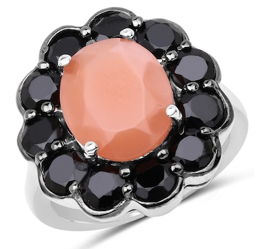 7.88 Carat Genuine Peach Moonstone and Black Spinel .925 Sterling Silver Ring