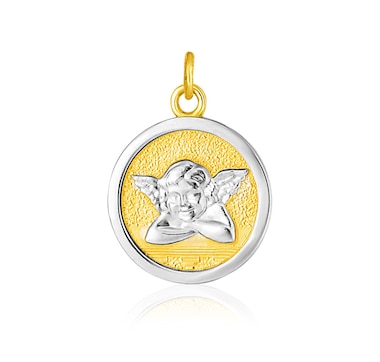 14k Two Tone Gold Round Angel Medal Pendant