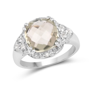 3.58 Carat Genuine Green Amethyst and White Topaz .925 Sterling Silver Ring