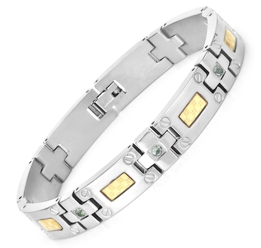 Mens Titanium Bracelet with Gold Plate Steel Inlay 0.56ct.w. Natural Green Sapphire Rounds