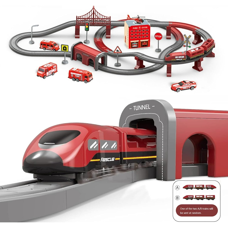Image 855838.jpg, Product 855-838 / Price $34.99, Tradeopia Fire Rescue Train Set - 92 PCs, Battery Operated Train with Tracks, Fire Trucks, Buildings, and Accessories from Tradeopia on TSC.ca's Toys & Hobbies department