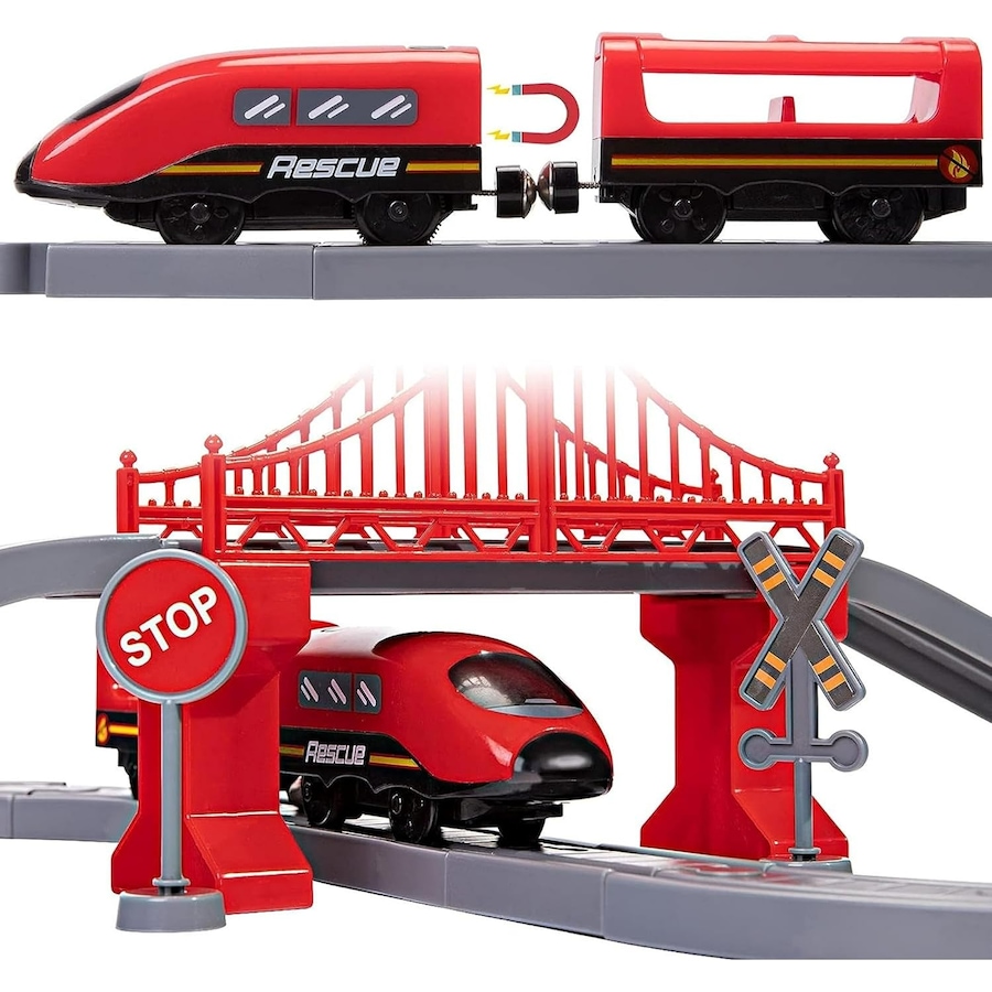 Image 855838_ALTMORE1.jpg, Product 855-838 / Price $34.99, Tradeopia Fire Rescue Train Set - 92 PCs, Battery Operated Train with Tracks, Fire Trucks, Buildings, and Accessories from Tradeopia on TSC.ca's Toys & Hobbies department