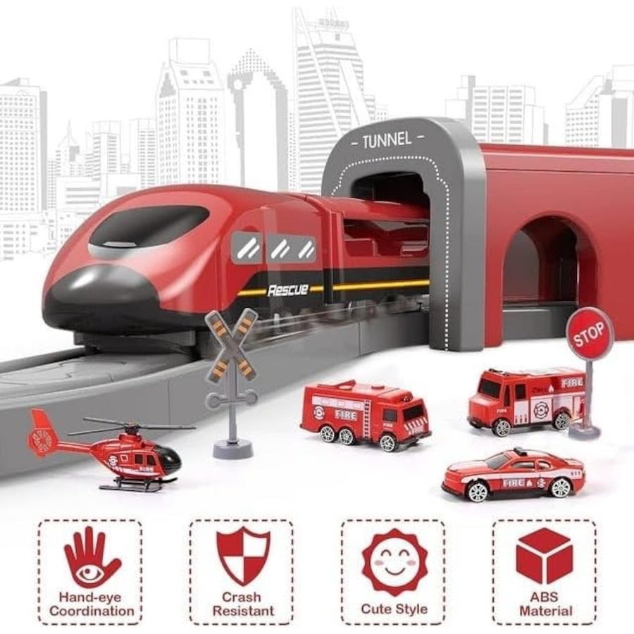 Image 855838_ALTMORE3.jpg, Product 855-838 / Price $34.99, Tradeopia Fire Rescue Train Set - 92 PCs, Battery Operated Train with Tracks, Fire Trucks, Buildings, and Accessories from Tradeopia on TSC.ca's Toys & Hobbies department