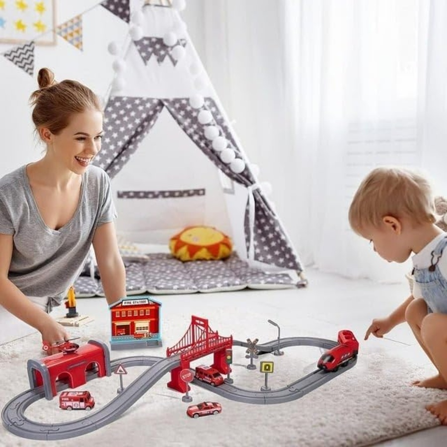 Image 855838_ALTMORE5.jpg, Product 855-838 / Price $34.99, Tradeopia Fire Rescue Train Set - 92 PCs, Battery Operated Train with Tracks, Fire Trucks, Buildings, and Accessories from Tradeopia on TSC.ca's Toys & Hobbies department
