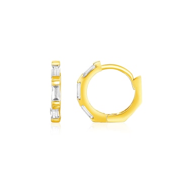 14k Yellow Gold Petite Octagonal Hoop Earrings with Cubic Zirconias