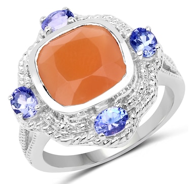 4.23 Carat Genuine Peach Moonstone and Tanzanite .925 Sterling Silver Ring