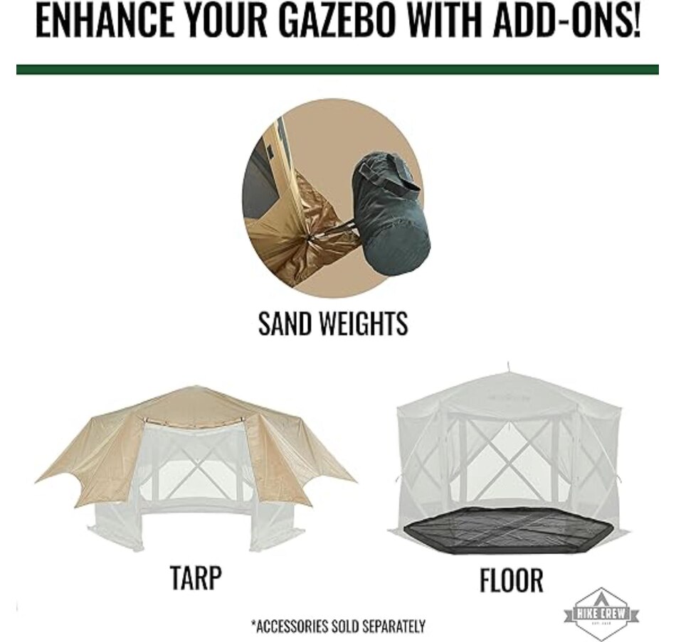 Image 870689_ALTMORE12.jpg, Product 870-689 / Price $529.99, Hike Crew 12’ x 12’ Pop Up Gazebo Tent, 6-Sided Outdoor Camping Canopy with Zippered Wind Panels from Hike Crew on TSC.ca's Health & Fitness department