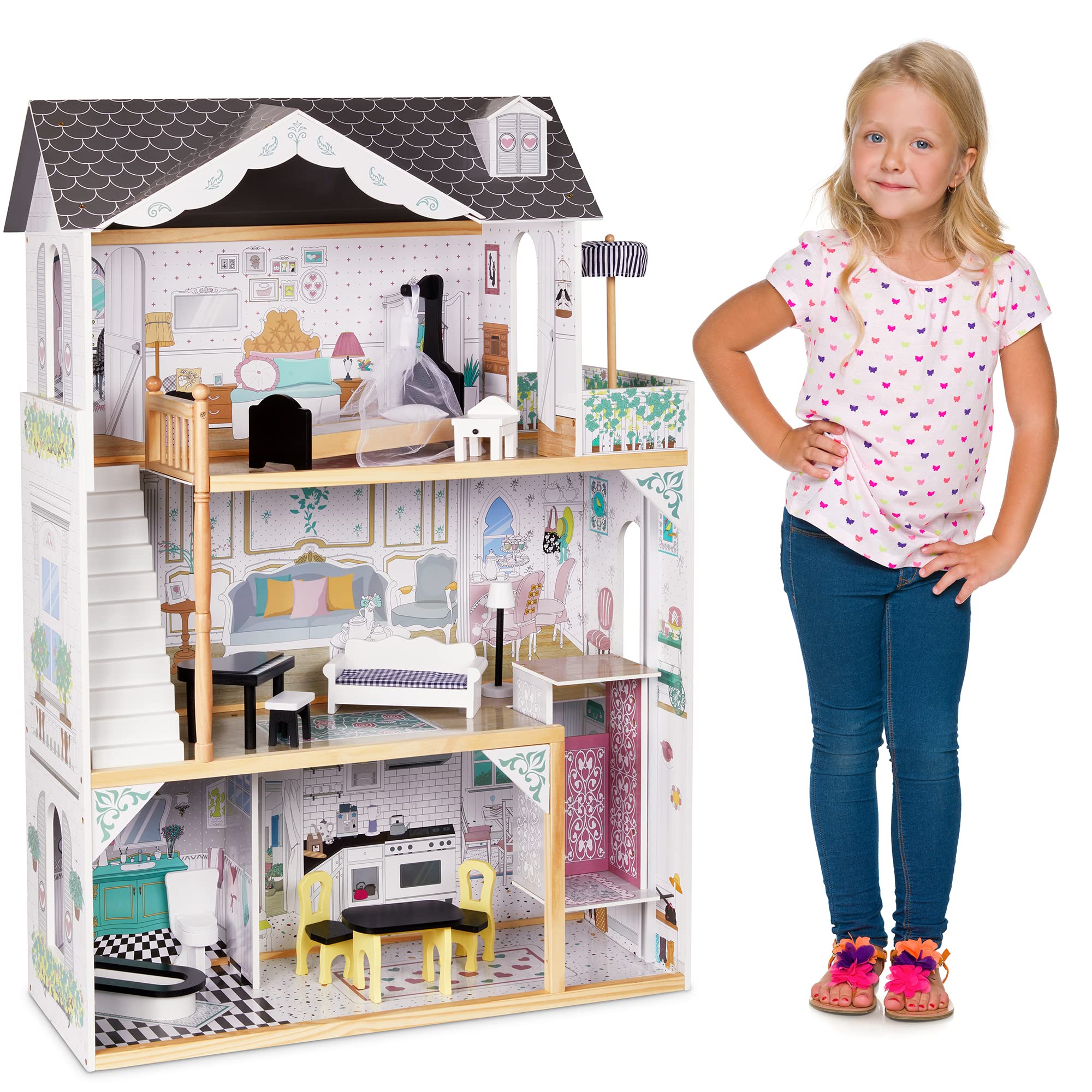 Lil' Jumbl X-Large Wooden Dollhouse, 3 Story Doll House Set with