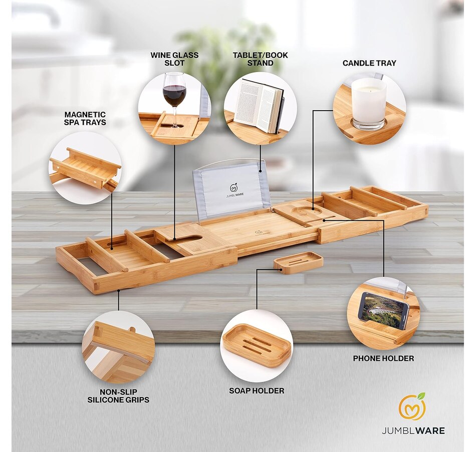 JumblWare Bamboo Bathtub Caddy. Luxury Bath Tray with Handles, Book Rack, Wine Glass Holder ...