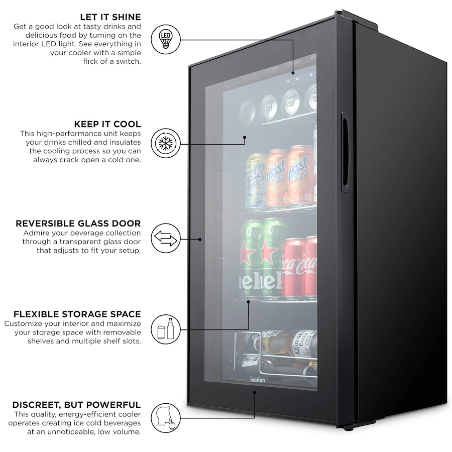 Image 870738_ALTMORE4.jpg, Product 870-738 / Price $459.99, Ivation 101 Can Beverage Refrigerator, Freestanding Mini Fridge with Glass Door - Black from Ivation on TSC.ca's Kitchen department