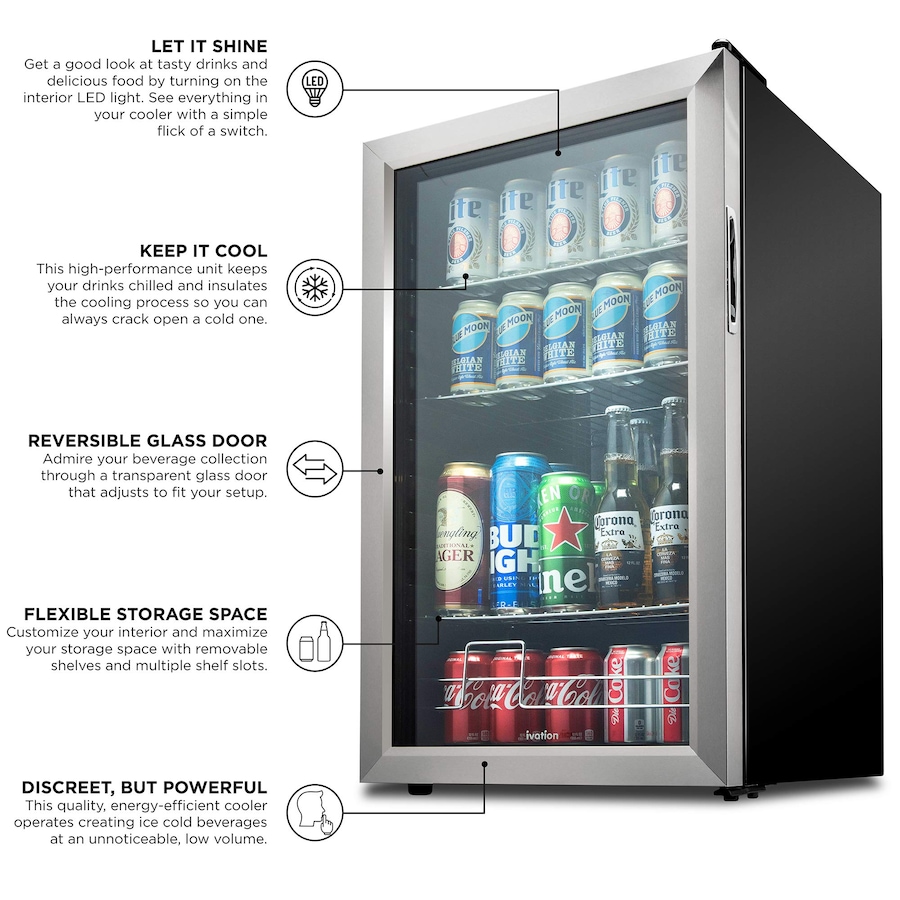 Image 870799_ALTMORE4.jpg, Product 870-799 / Price $579.99, Ivation 126 Can Beverage Refrigerator, Freestanding Mini Fridge with Glass Door - Stainless Steel from Ivation on TSC.ca's Kitchen department