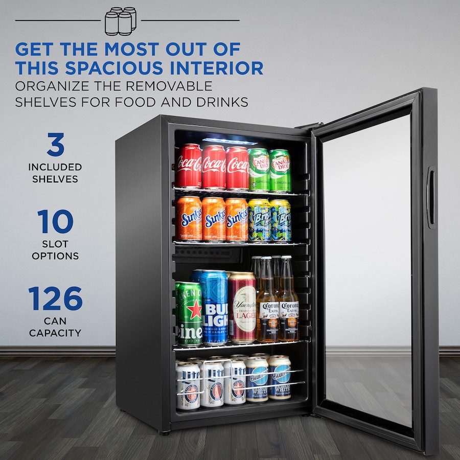 Image 870827_ALTMORE2.jpg, Product 870-827 / Price $529.99, Ivation 126 Can Beverage Refrigerator, Freestanding Mini Fridge with Glass Door - Black from Ivation on TSC.ca's Kitchen department